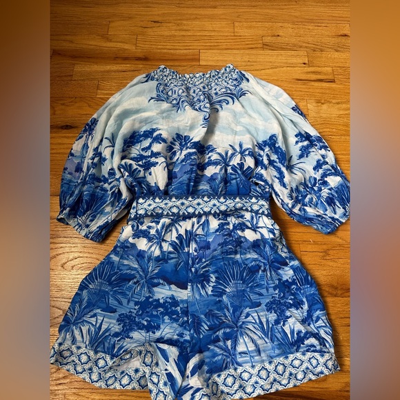 FARM RIO ANTHROPOLOGIE Blue Floral V-Neck Romper with Belt - Picture 12 of 12